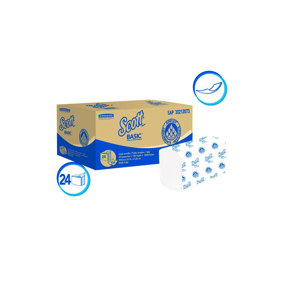 PAPEL TOALLA DE MANOS HOJA SENCILLA INTERFOLIADA SCOTT BASIC X 150 (30212073)