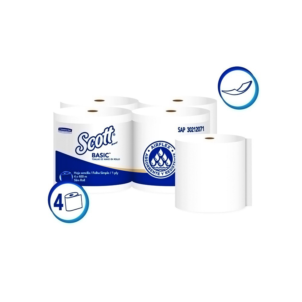 PAPEL TOALLA DE MANOS HOJA SENCILLA ROLLO SCOTT BASIC 400 MTS