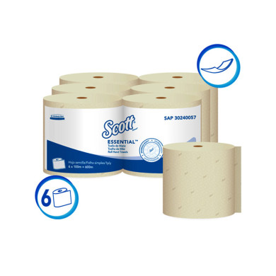 PAPEL TOALLA DE MANOS HOJA SENCILLA NATURAL SCOTT ESSENTIAL CAJA (6 X 100 MTS) (30240057)