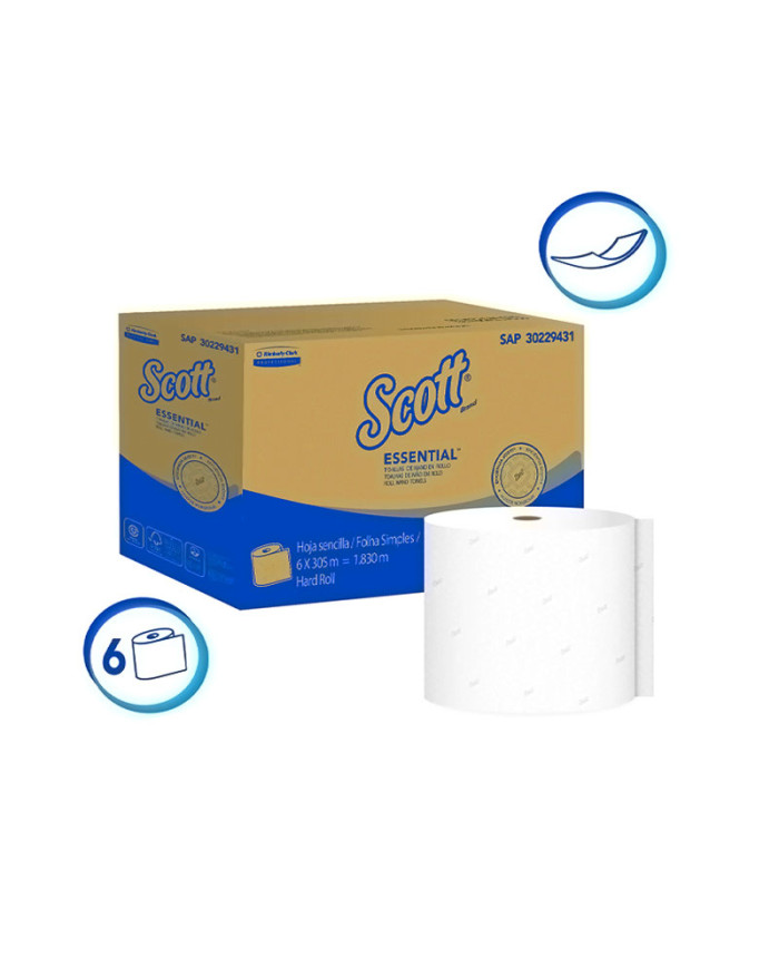 PAPEL TOALLA DE MANOS HOJA SENCILLA ROLLO SCOTT ESSENTIAL CAJA (6 X 305 MTS) (30229431)