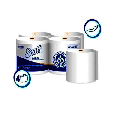 PAPEL TOALLA DE MANOS HOJA SENCILLA ROLLO SCOTT BASIC CAJA (4 X 400 MTS) (30212071)