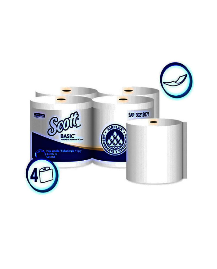 PAPEL TOALLA DE MANOS HOJA SENCILLA ROLLO SCOTT BASIC CAJA (4 X 400 MTS) (30212071)