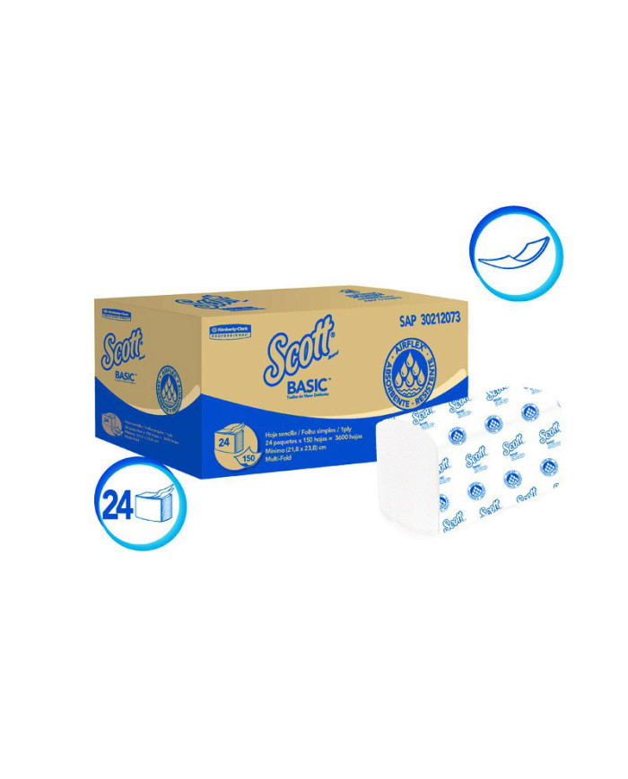 PAPEL TOALLA DE MANOS HOJA SENCILLA INTERFOLIADA SCOTT BASIC X 150 (30212073)