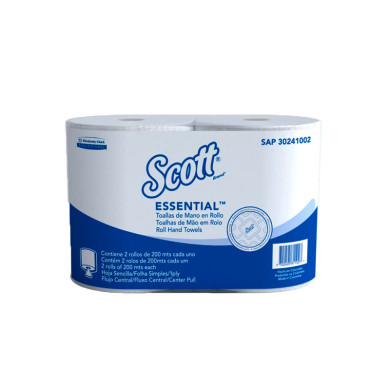 PAPEL TOALLA DE MANO HOJA SENCILLO ROLLO CENTERPULL SCOTT ESSENTIAL PACK (2 ROLLOS X 200 MTS) (30241002)