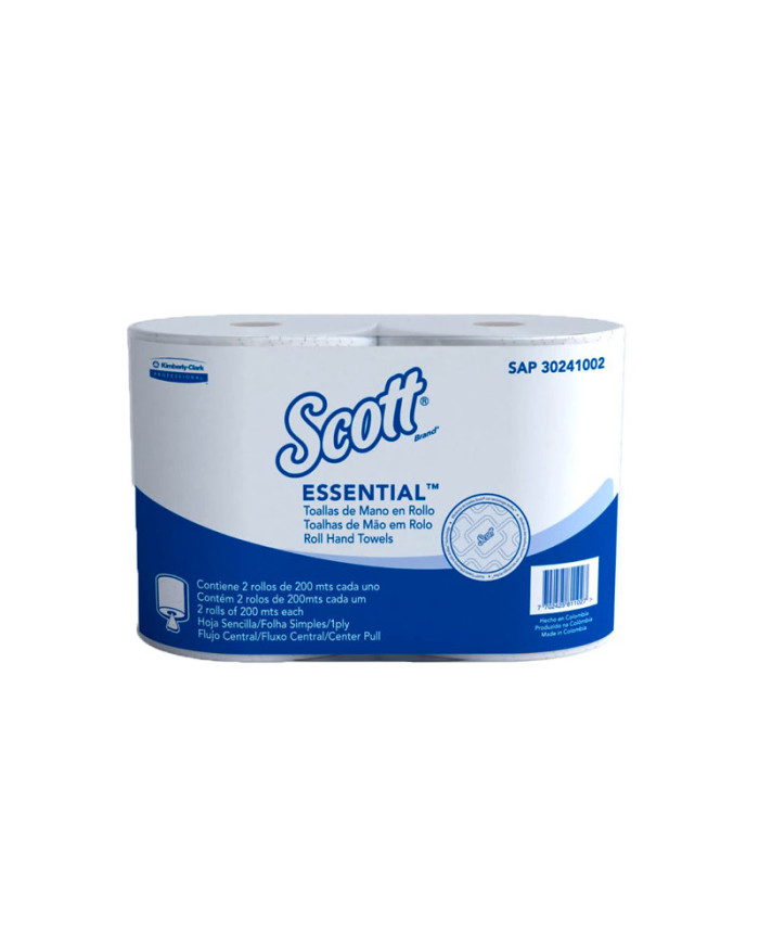 PAPEL TOALLA DE MANO HOJA SENCILLO ROLLO CENTERPULL SCOTT ESSENTIAL PACK (2 ROLLOS X 200 MTS) (30241002)